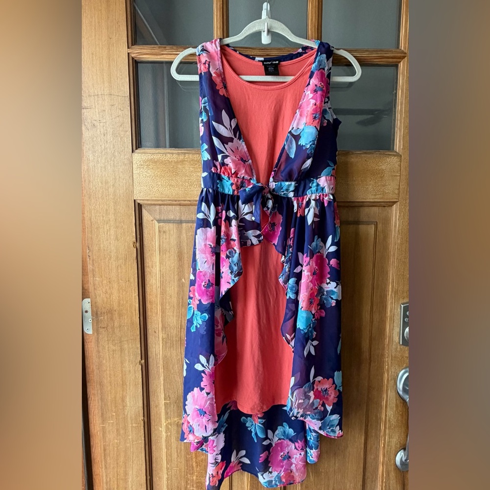 Girls Floral Overlay Coral Dress - Sleeveless Tie Front